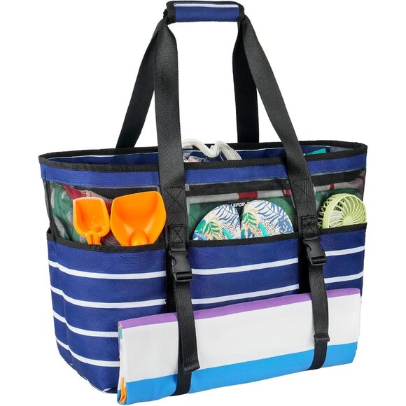 Women's Blue+Stripe with Front Buckles Beach Tote Waterproof Sandproof Beach Bag - Picture 1 of 8